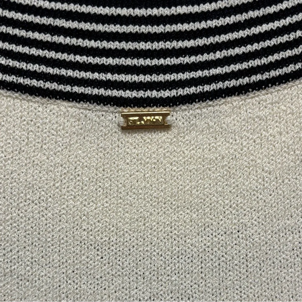 St. John Black Stripe Neck Ivory Knit Sleeveless Top Tank Gold Bar Logo Size 4P - Picture 4 of 8